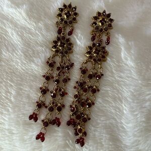 chandelier earrings blood red rhinestone garnet crystal gold-tone floral Bali
